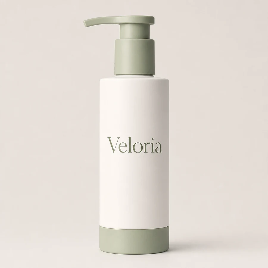 A tall matte cream bottle of Veloria Botanical Cleanser with a sage green pump and base band