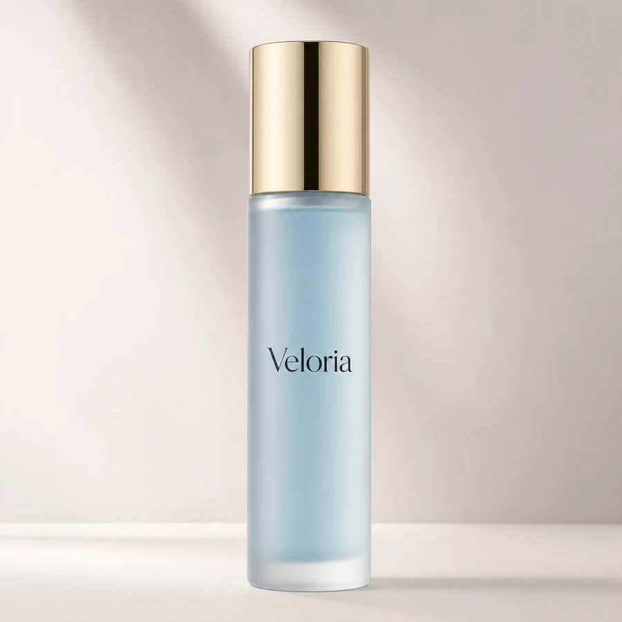 A tall pale blue frosted glass bottle of Veloria Clarity Toner with a gold screw cap