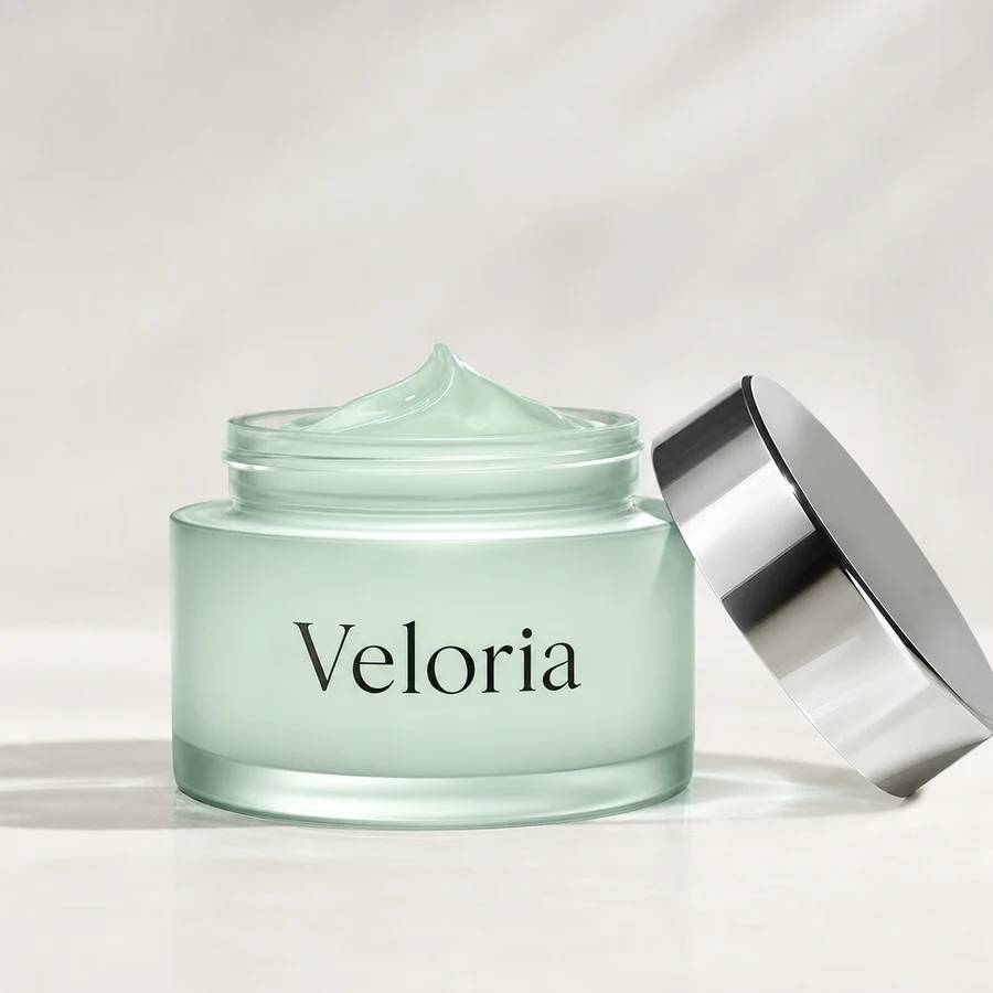 An open mint green frosted glass jar of Veloria Cooling Gel with a brushed silver lid resting beside it