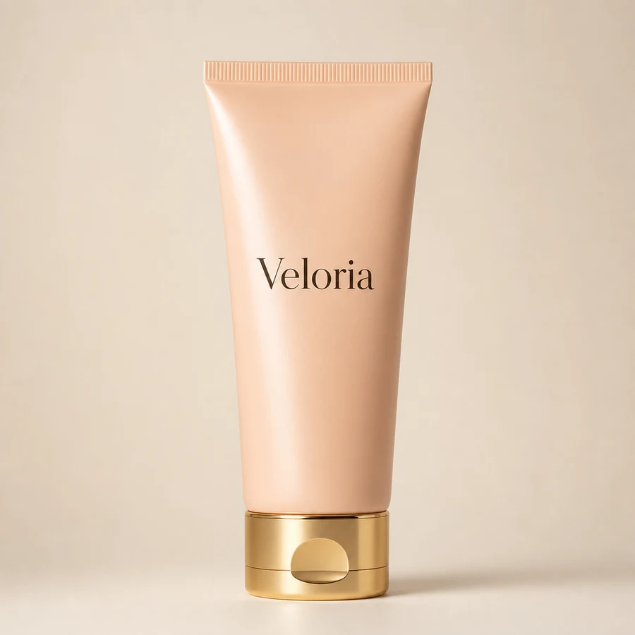 A peach squeeze tube of Veloria Daily Shield SPF standing on its gold flip cap