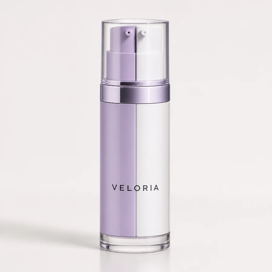 A twin-chamber airless pump bottle of Veloria Dual Phase Serum, split lavender and white, with a clear overcap