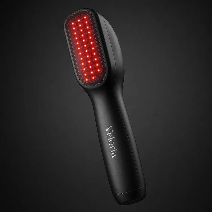 The Veloria Lumen Onyx, a matte black handheld device with a long rectangular red LED array