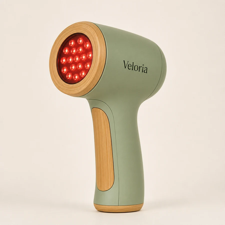 The Veloria Lumen Terra, a sage green handheld device with bamboo trim and a wide red LED head