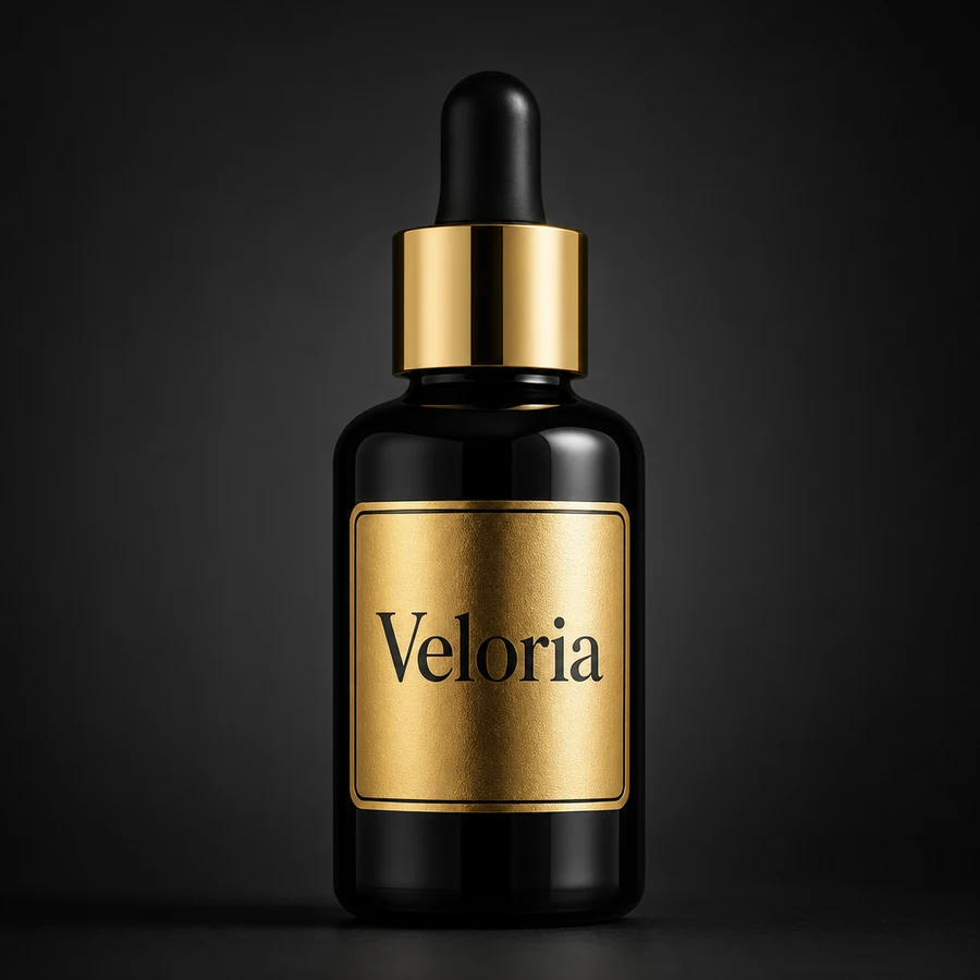 A glossy black glass dropper bottle of Veloria Midnight Oil with a bordered gold foil label