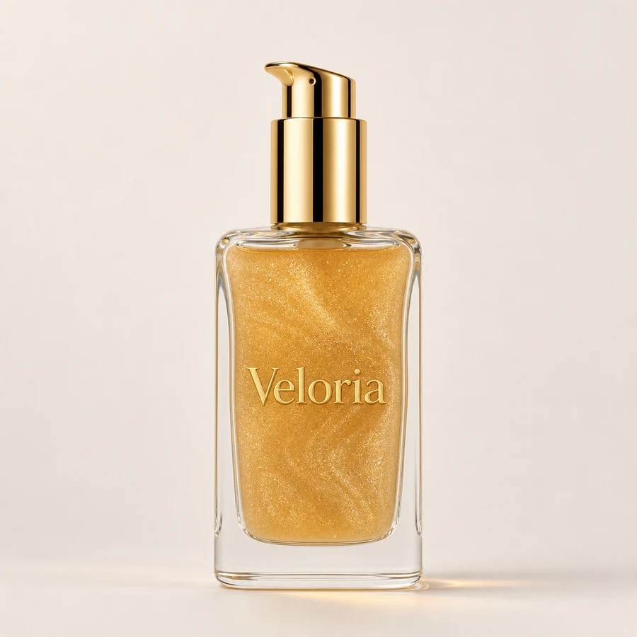 A clear rectangular glass pump bottle of Veloria Radiance Oil filled with gold shimmer