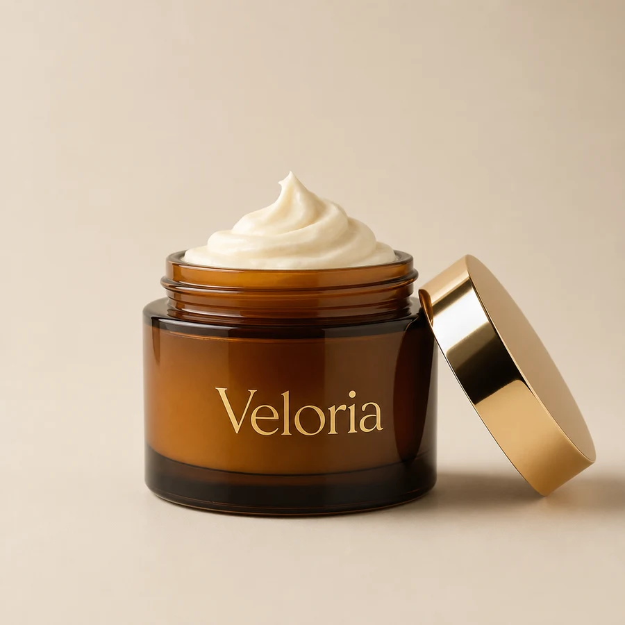 An open amber glass jar of Veloria Renewal Cream showing whipped cream, with its gold lid beside it