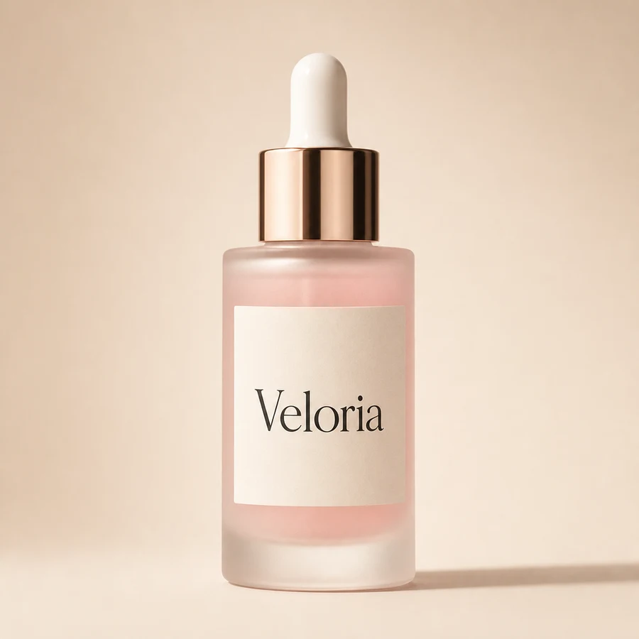 A frosted pale pink glass dropper bottle of Veloria Rose Serum with a rose gold collar